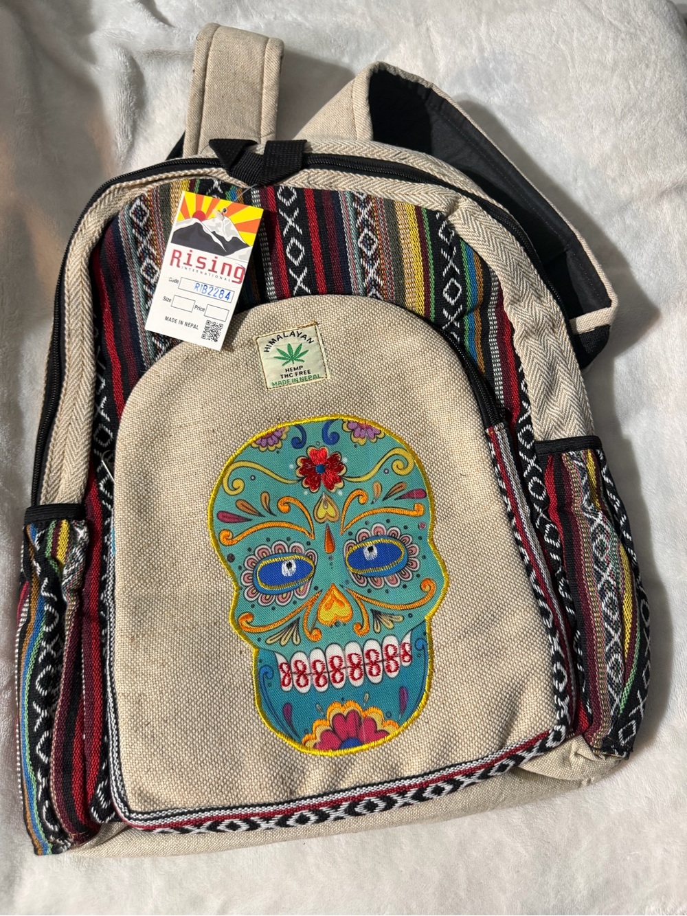 Cream Canvas Daypack with Colorful Sugar Skull